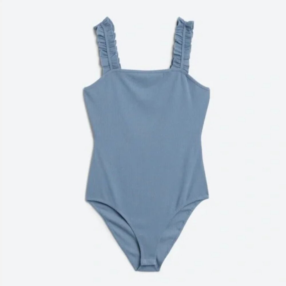 NWOT Kaileigh Blue Square Neck Bodysuit Ruffle Strap Stitch‎ Fix size L